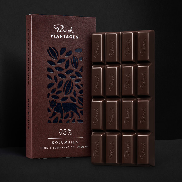 Rausch Kolumbien 93% dunkle Edelkakao-Schokolade in Tafelform mit Pappzuschnitt und 
